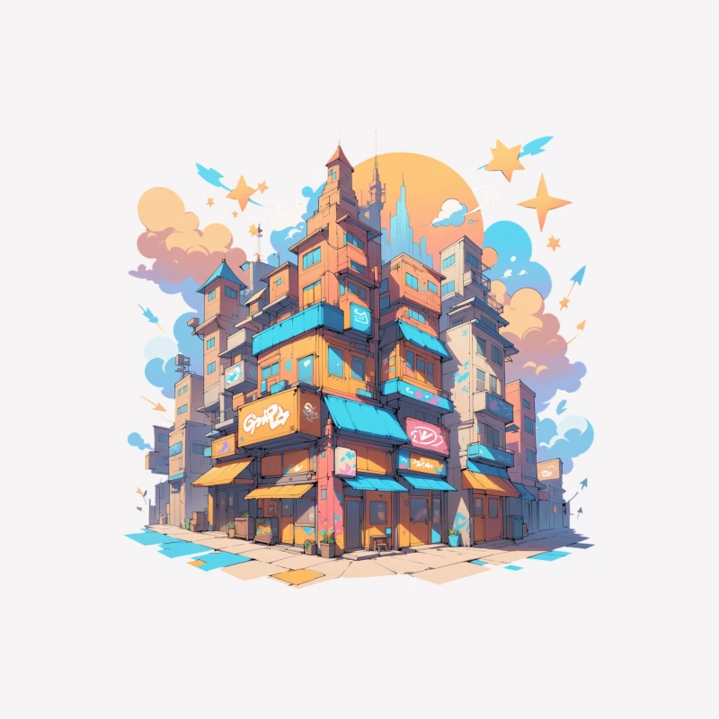 Colorful Urban Cityscape in Cartoon Style Male T-Shirt