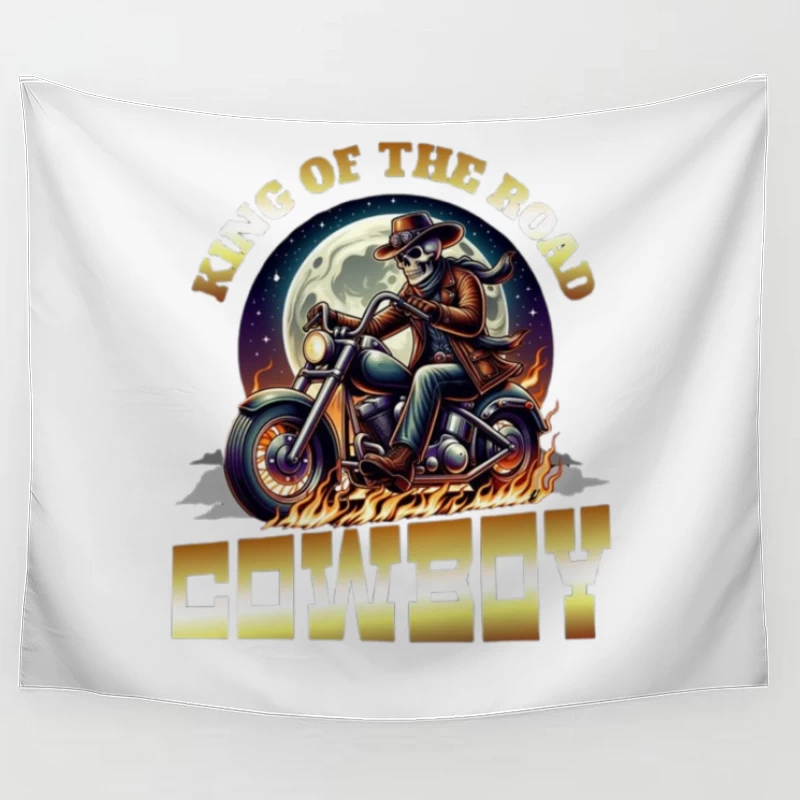 King of the Road: Skeleton Cowboy Biker Under Moonlight Tapestry