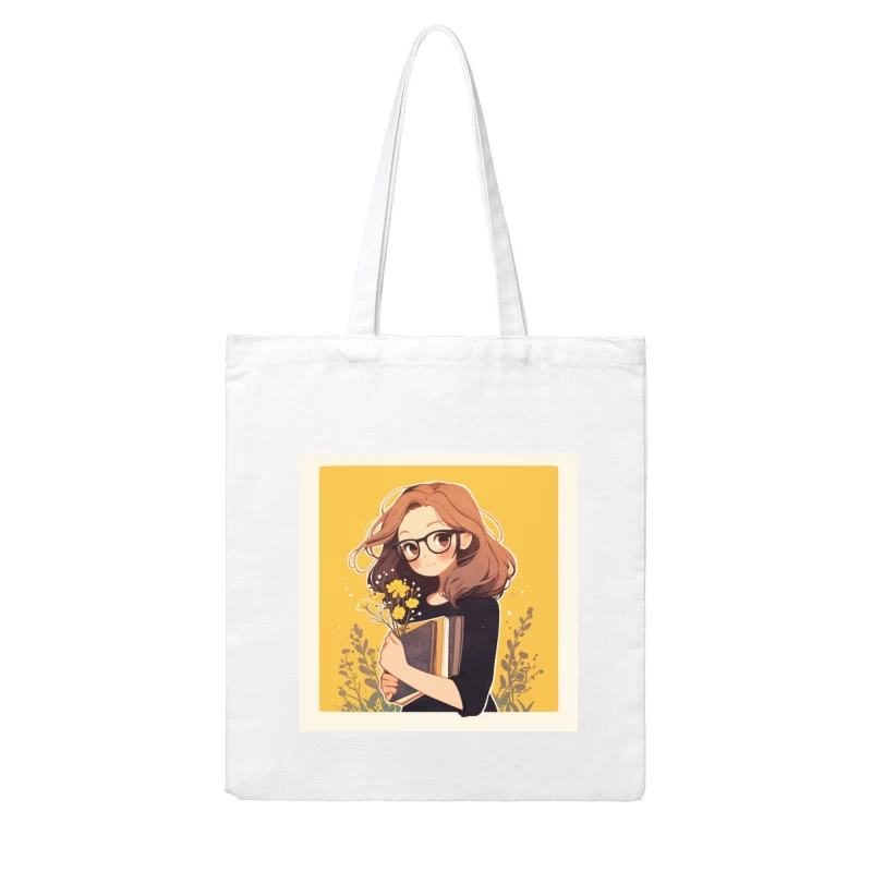 Bookish Girl with Yellow Flowers - Anime Style Illustration Cotton Tote Bag