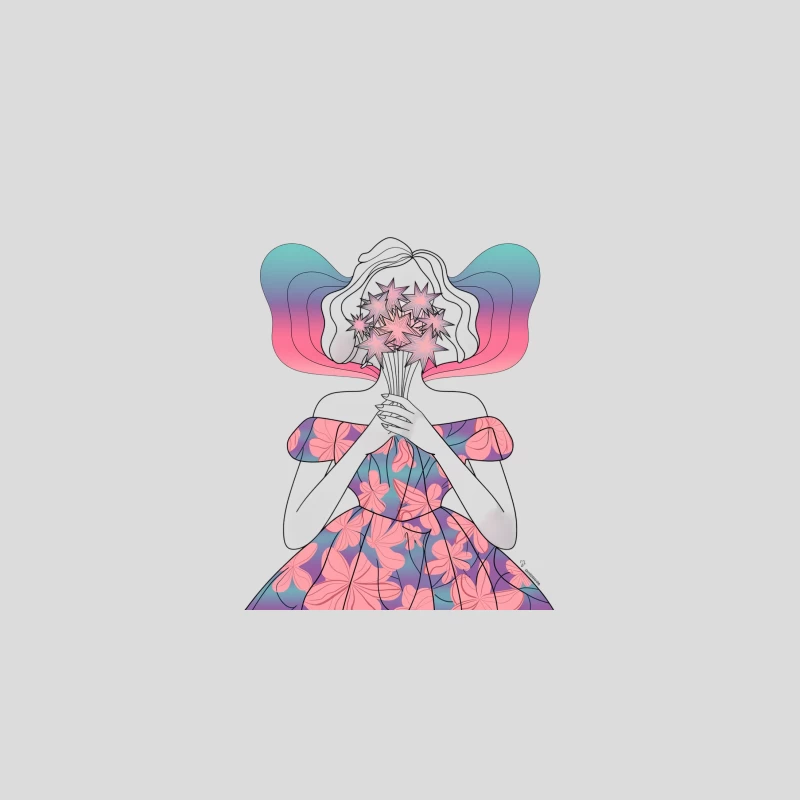 Surreal Feminine Illustration with Floral Dress and Stargazer Lilies Baseball Cap