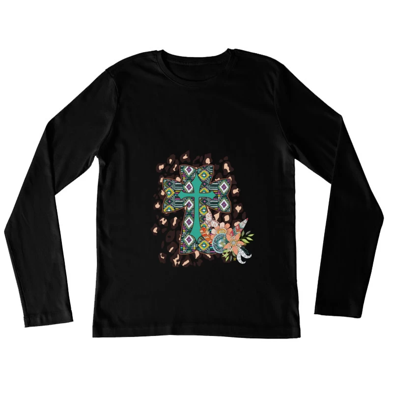 Dekoratives Kreuz mit Blumen und Mustern Damen Langarm T-Shirt