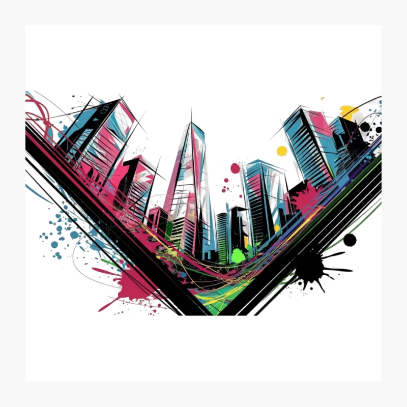 Vibrant Abstract Urban Cityscape with Colorful Graffiti Style Pin