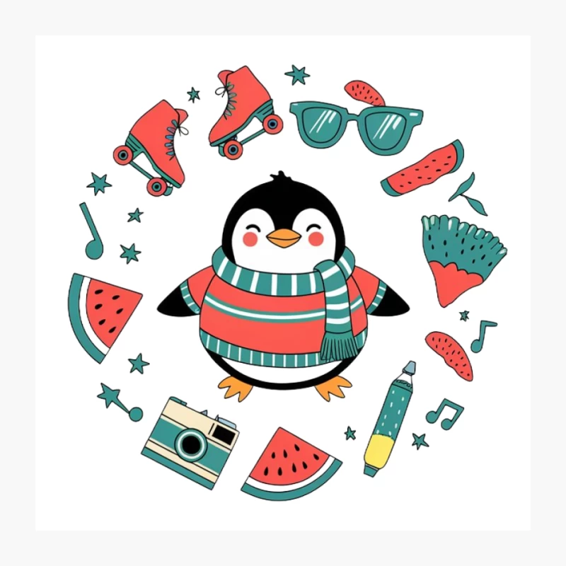 Cartoon Penguin's Summer Fun with Watermelon and Roller Skates Pin
