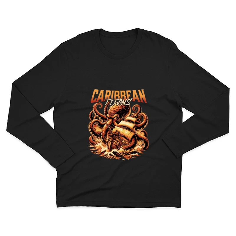 Giant Caribbean Octopus Attacking Sailing Ship Illustration Male Long Sleeve T-Shirt