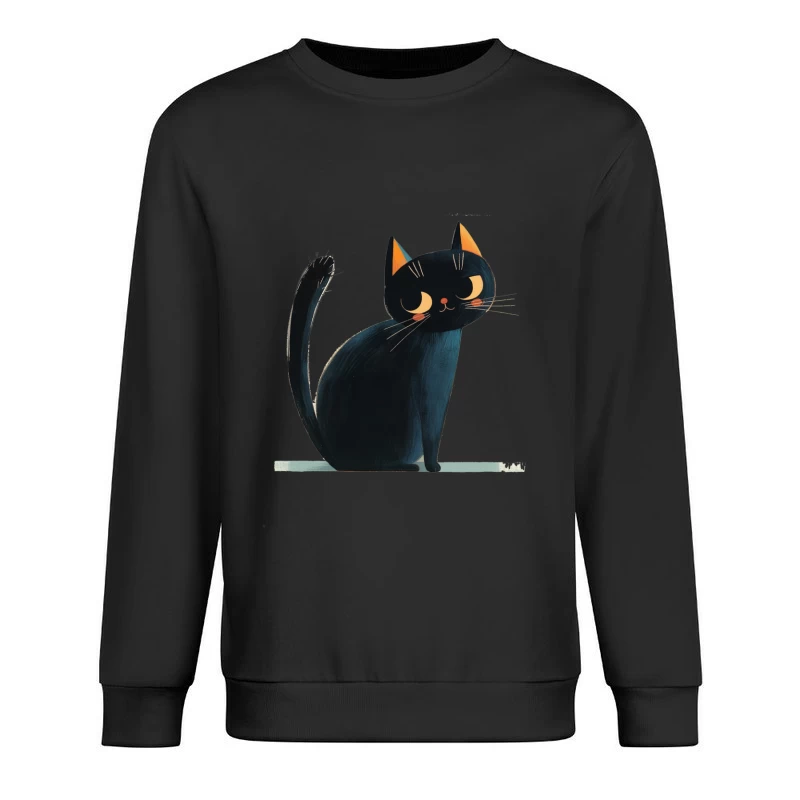 Adorable Black Cat Cartoon Illustration with Orange Ears Male Pullover Sweatshirt