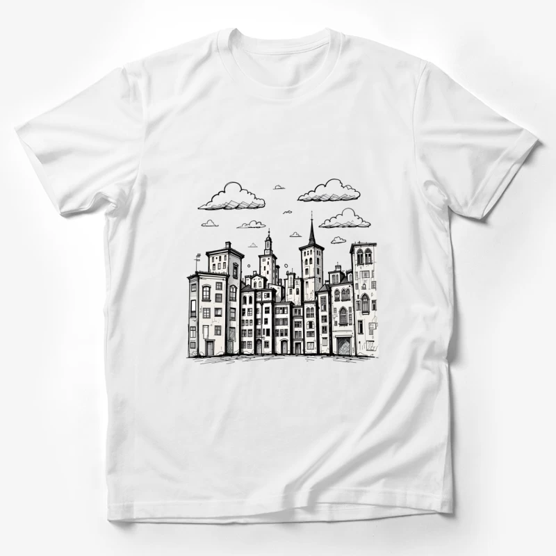 Stylized Black and White Cityscape Illustration Male T-Shirt