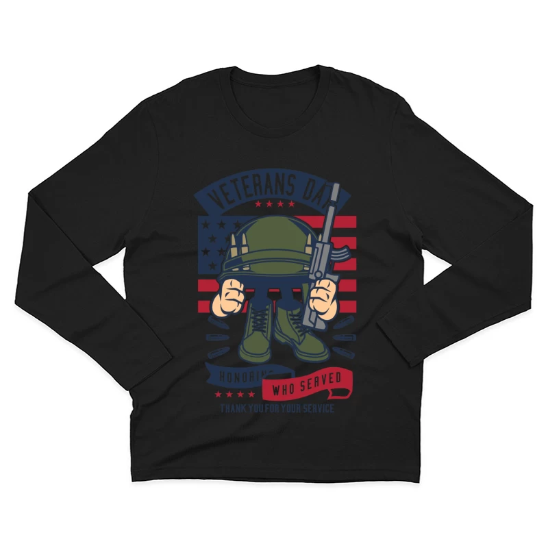 Hommage aux anciens combattants: casque militaire et bottes sur fond de drapeau américain Homme Manches Longues T-Shirt