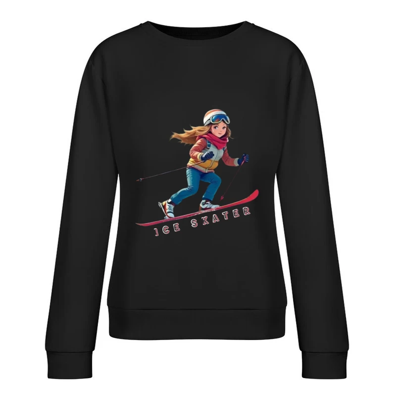 Animated Ice Skater in Winter Sports Gear Female Pullover Sweatshirt