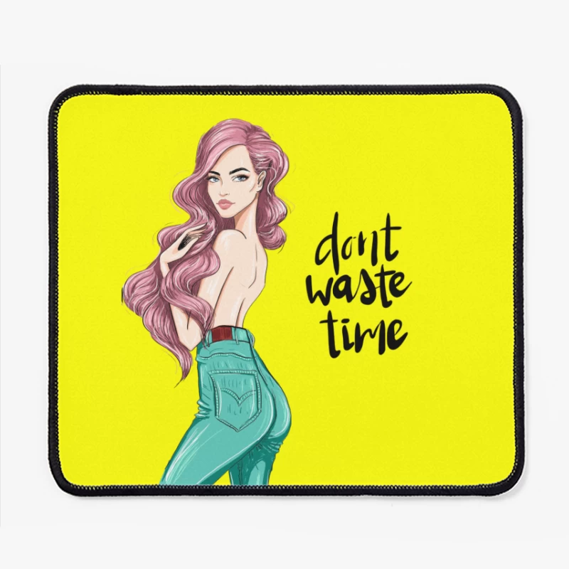Stylish Woman Illustration with Pink Hair Mouse Pad