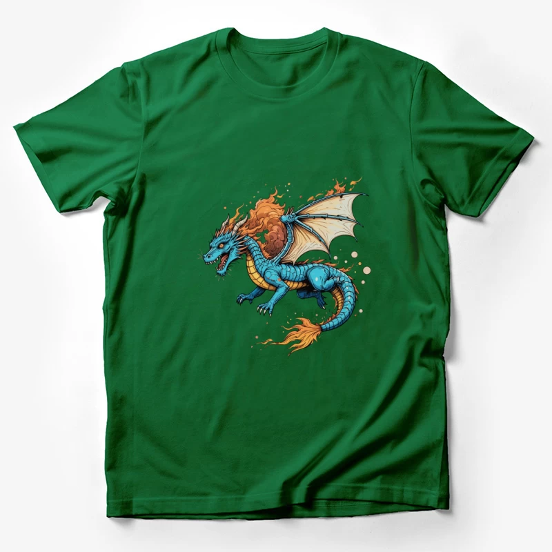 Fierce Blue Dragon with Fiery Mane and Wings Male T-Shirt