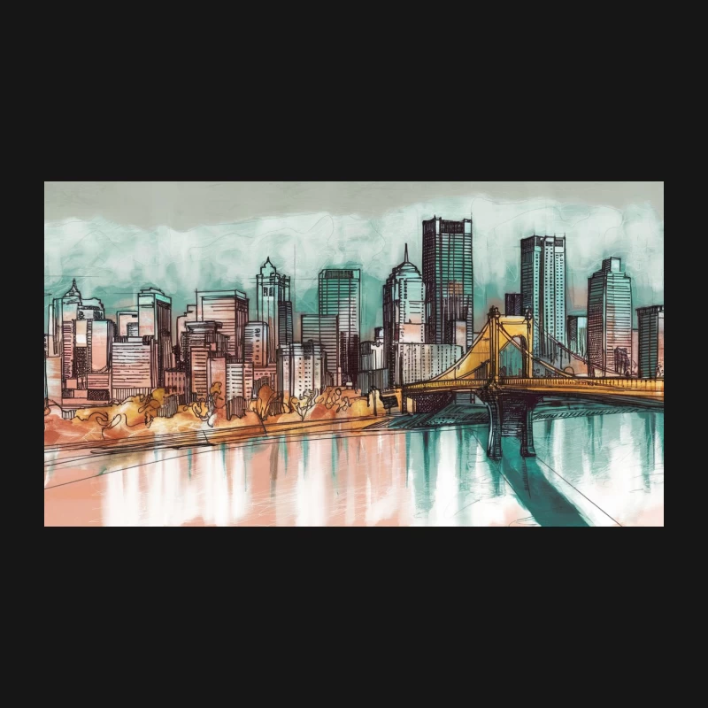 Urban Waterfront Cityscape: Modern Skyline with Bridge Painting Desk Mat