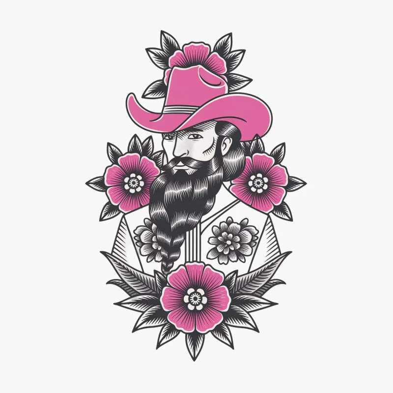 Bearded Cowboy with Pink Hat in Floral Tattoo Style Cotton Tote Bag
