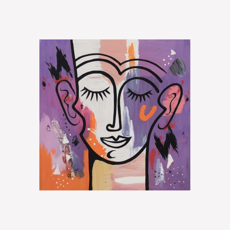 Vibrant Abstract Face: Modern Minimalist Portrait on Purple Female T-Shirt
