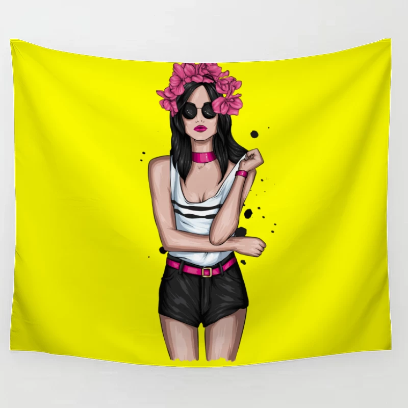 Chic Woman in Sunglasses with Floral Headband Tapestry