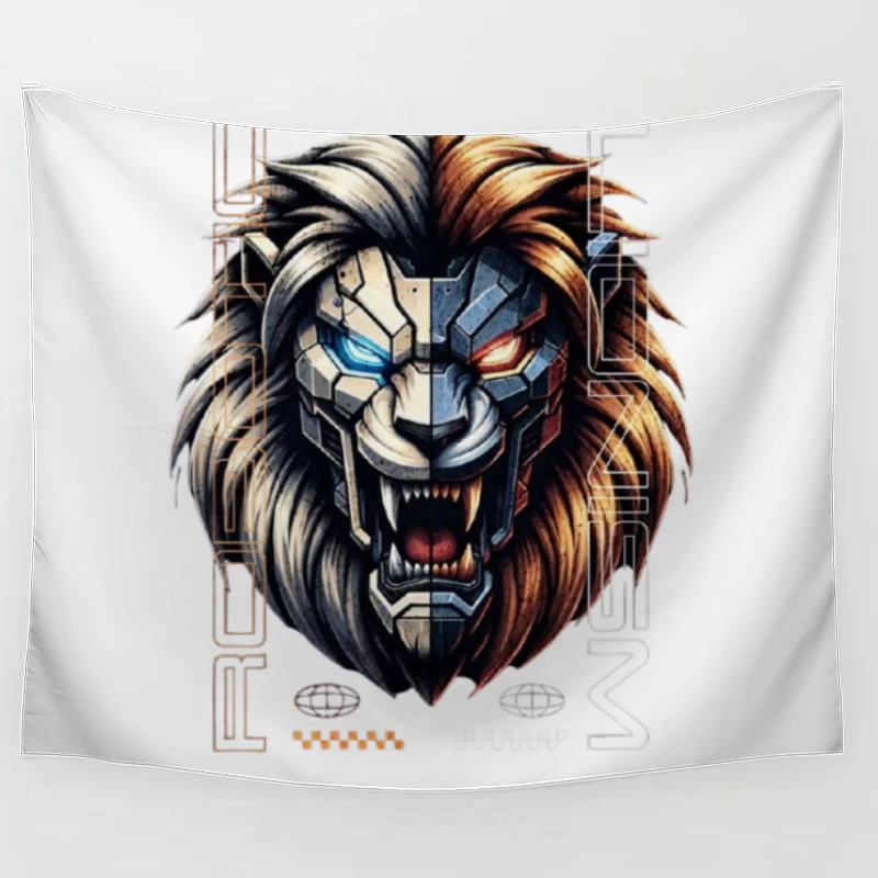 Cyberpunk Lion with Mechanical Face Tapestry