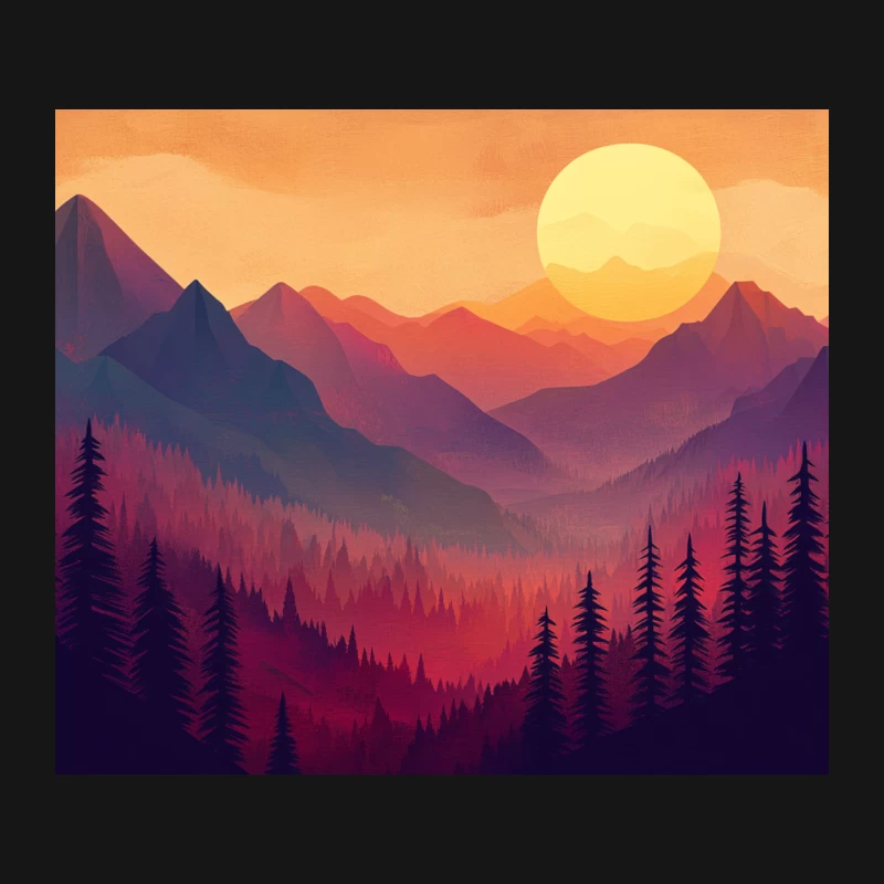 Vibrant Sunset Illustration of Mountain Forest Landscape Mouse Pad