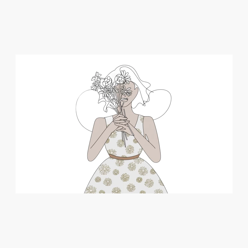 Elegant Line Art Illustration: Woman in Floral Dress Holding Bouquet Travel Mug