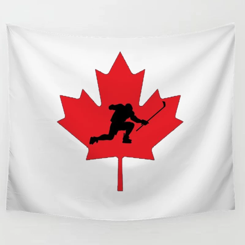 Canadian Hockey Player Silhouette on Red Maple Leaf Tapestry