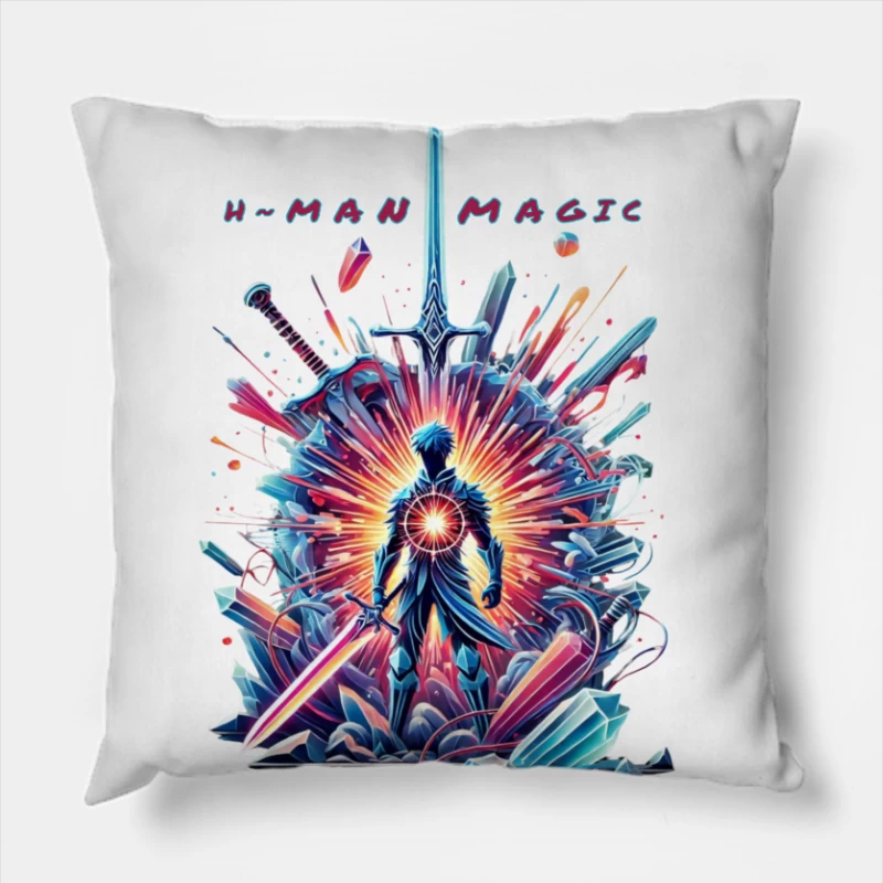 Mystical Warrior Silhouette with Magical Sword Burst Throw Pillow