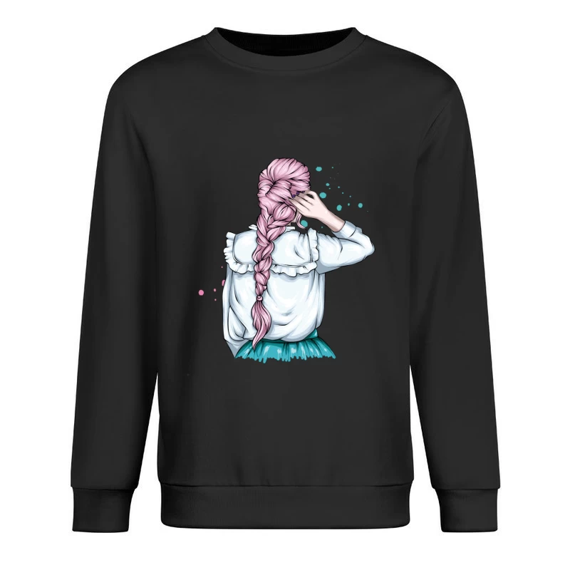 Whimsical Illustration of a Girl with Pink Hair in a Braid Male Pullover Sweatshirt