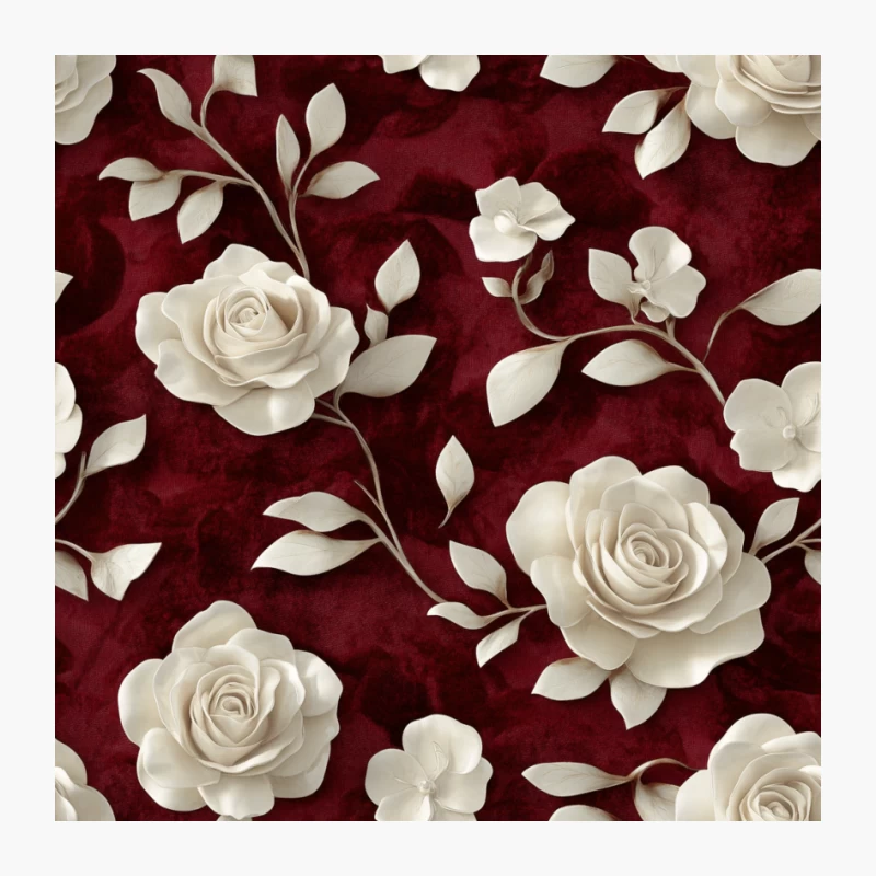 Elegant White Roses on Burgundy: Vintage Floral Wallpaper Design Pin