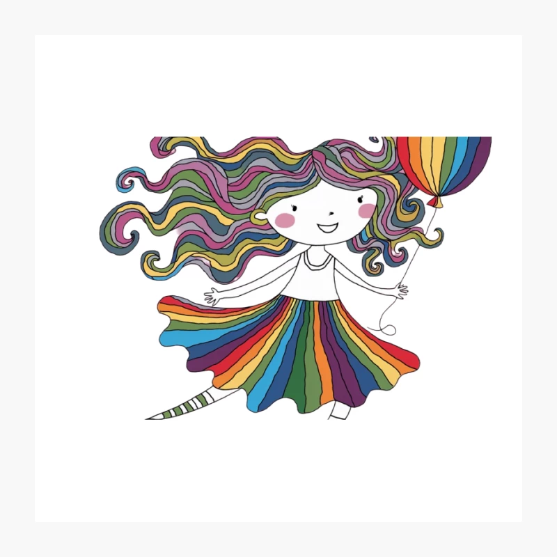 Whimsical Rainbow Character with Colorful Hair and Hot Air Balloon Pin
