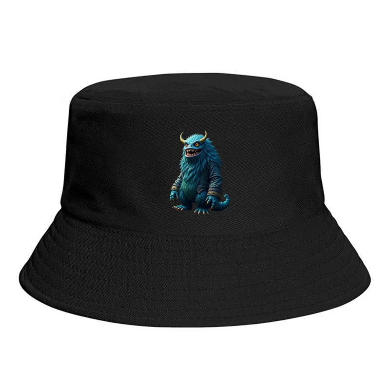 Furry Blue Monster in Denim Jacket with Golden Horns Bucket Hat