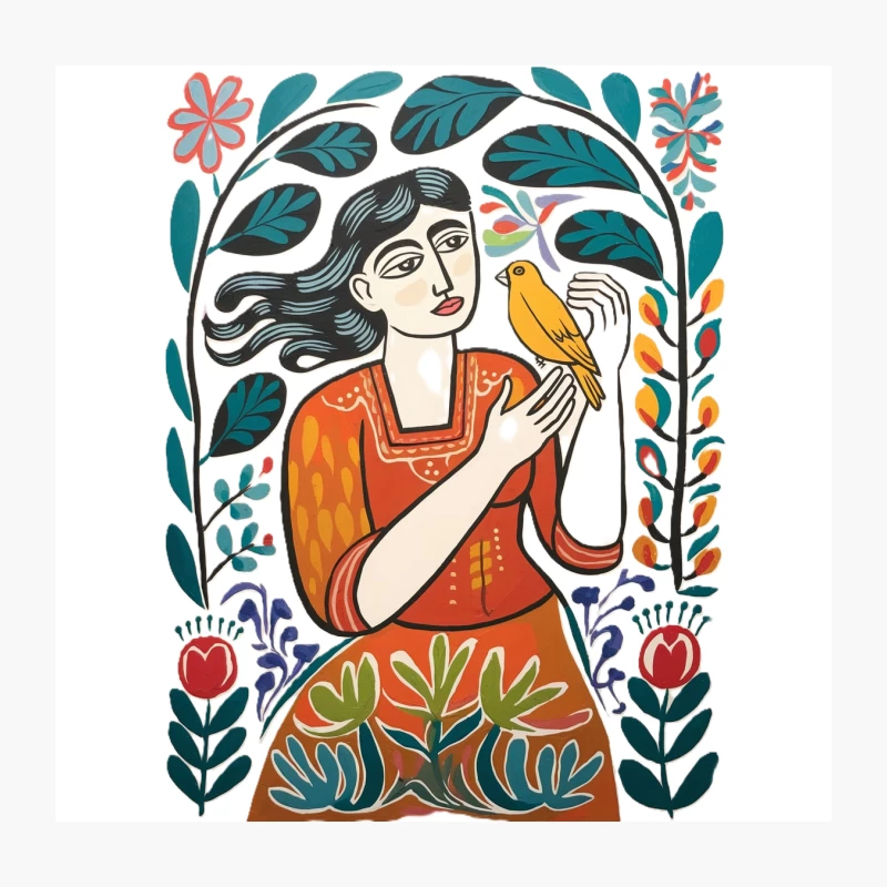 Vibrant Folk Art Illustration: Woman and Bird Amidst Floral Nature Throw Pillow
