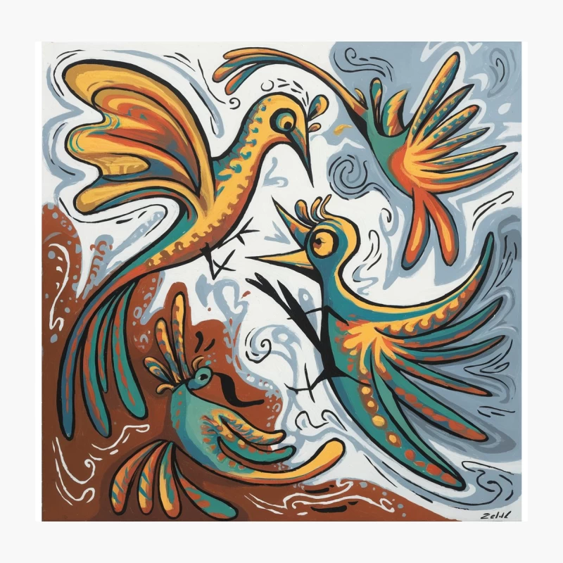 Whimsical Abstract Birds in Vibrant Folk Art Style Throw Pillow