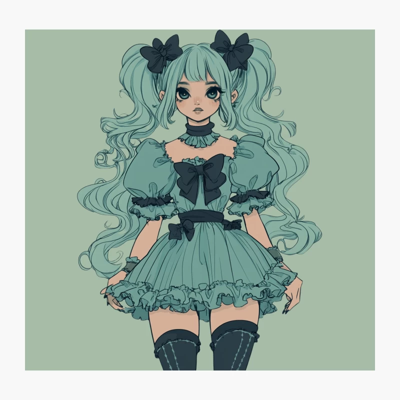 Mint-Haired Gothic Lolita Anime Girl in Frilly Dress Throw Pillow