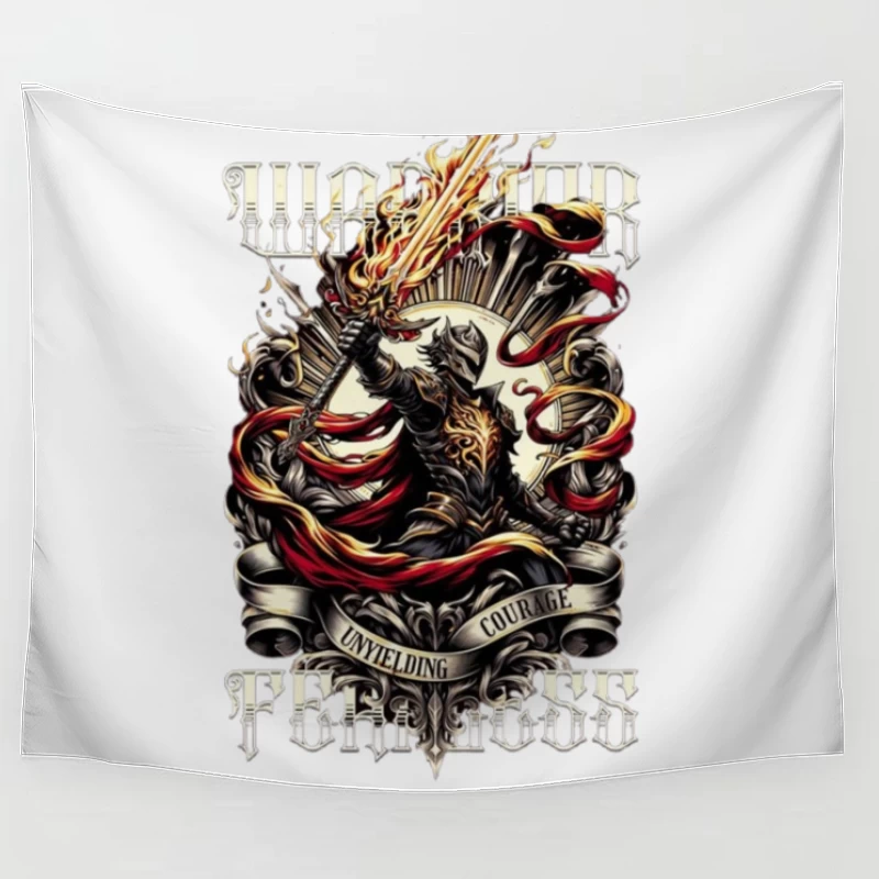 Unyielding Courage: Dark Fantasy Warrior with Flaming Sword Tapestry