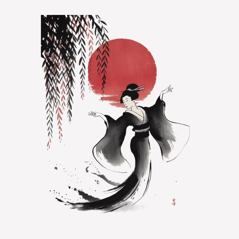 Traditional Japanese Ink Painting of Dancing Geisha Under Red Sun Male T-Shirt