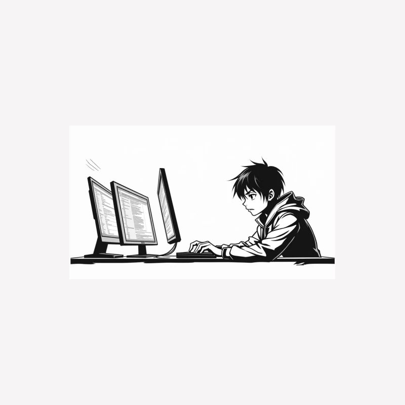 Focused Anime Programmer Coding in Black and White Male T-Shirt