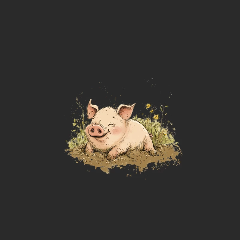 Cute Cartoon Pig Illustration in Nature with Flowers Baseball Cap