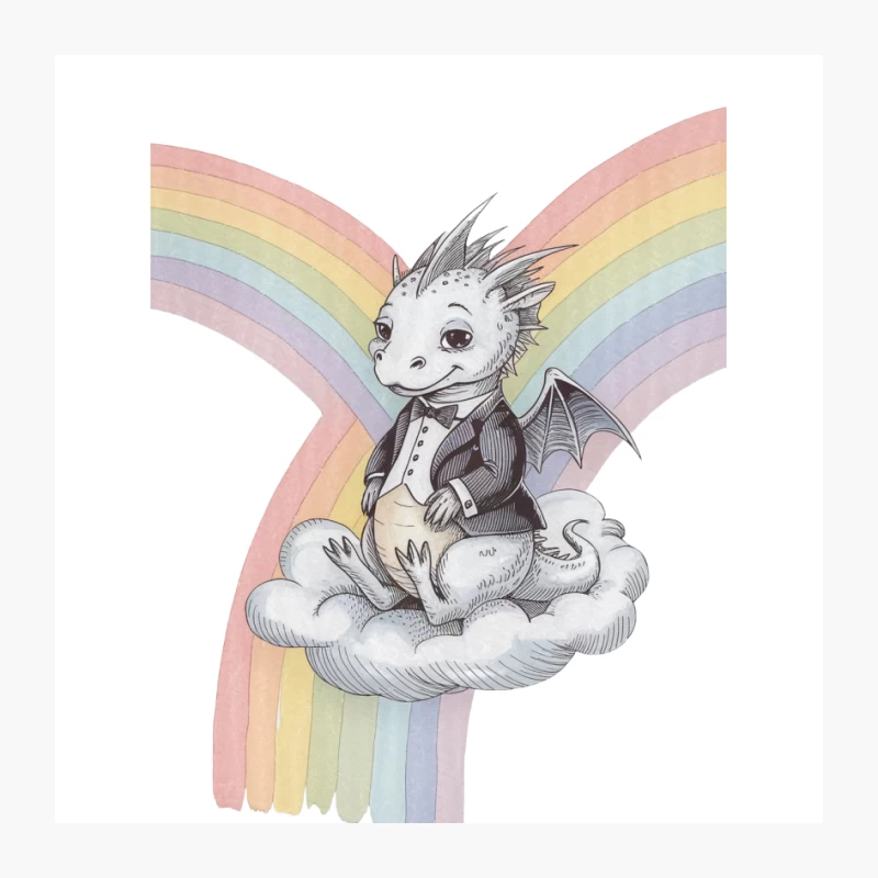 Cute Dragon in Suit on Rainbow Cloud Fantasy Illustration Pin
