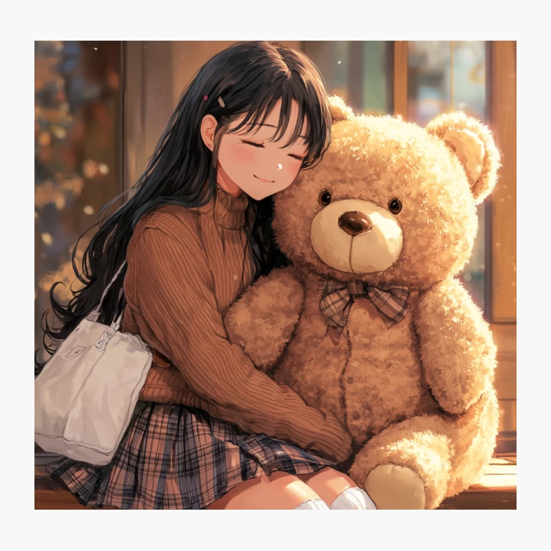 Cozy Anime Schoolgirl Hugging Teddy Bear by Sunlit Window Throw Pillow