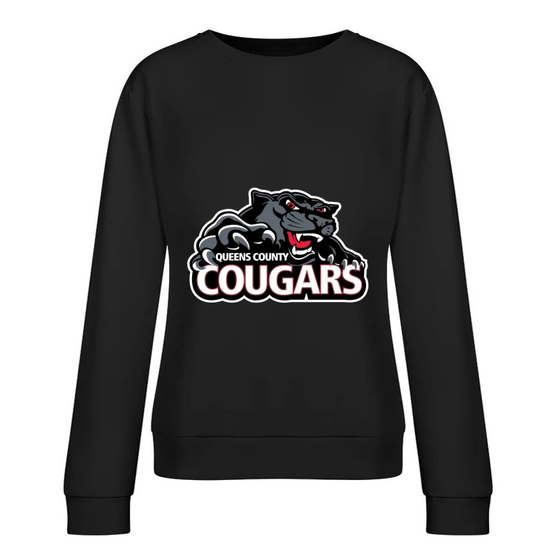 Queens County Cougars Sports Team Logo with Black Cougar Mascot Female Pullover Sweatshirt