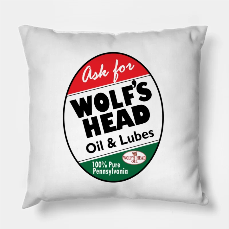 Vintage Wolf's Head Pennsylvania Motor Oil and Lubricants Advertisement Sign Throw Pillow