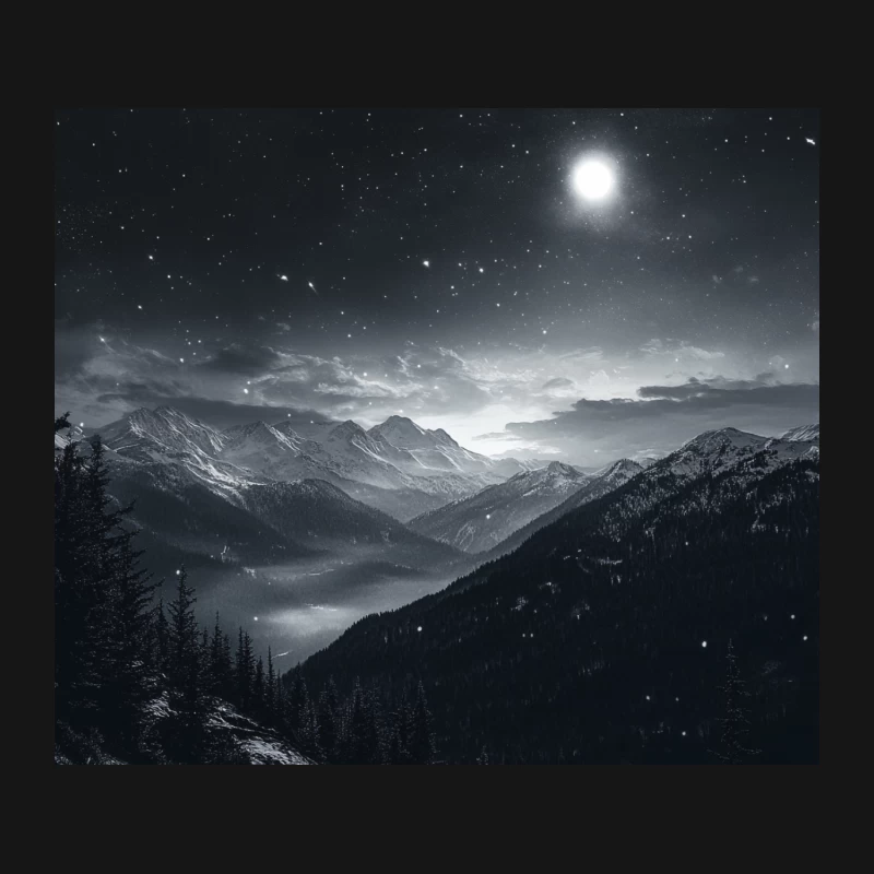 Moonlit Mountain Majesty: A Starry Night in Black and White Mouse Pad