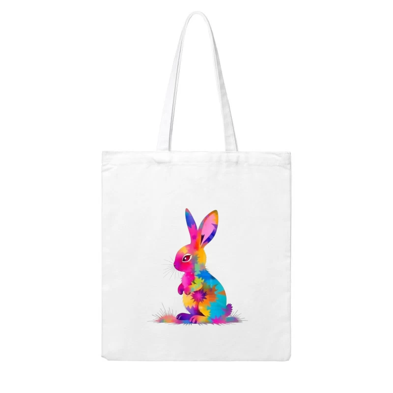 Vibrant Tie-Dye Watercolor Bunny Illustration Cotton Tote Bag