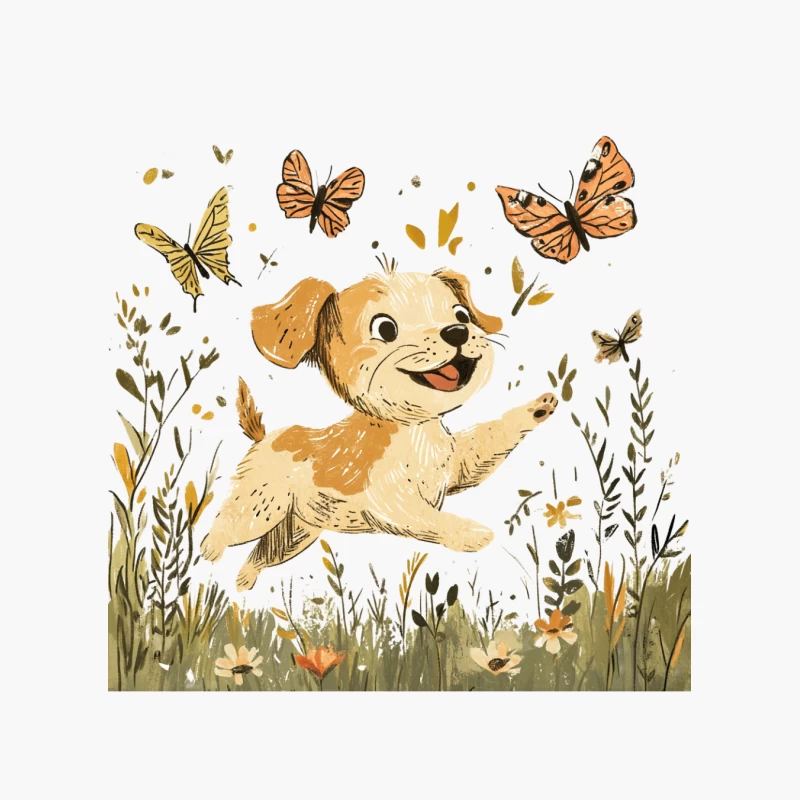 Playful Puppy Frolicking with Butterflies in a Flowery Meadow Cotton Tote Bag