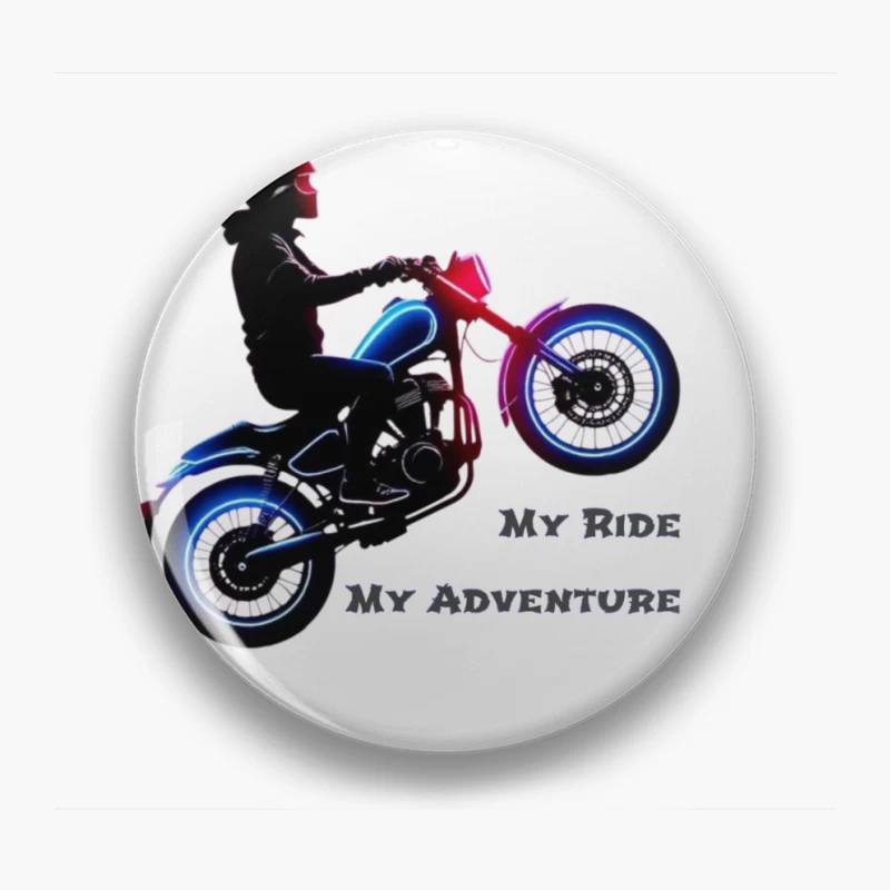 Neon-Lit Motorcycle Rider Silhouette with Adventure Quote Pin