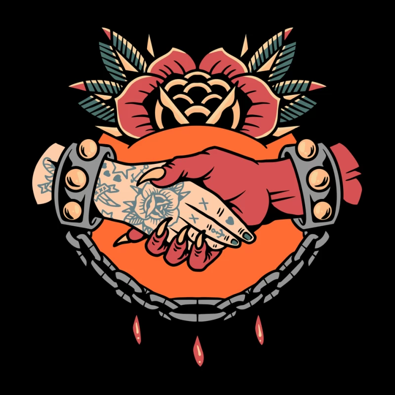 Symbolic Handshake Artwork with Floral and Chain Elements Pin