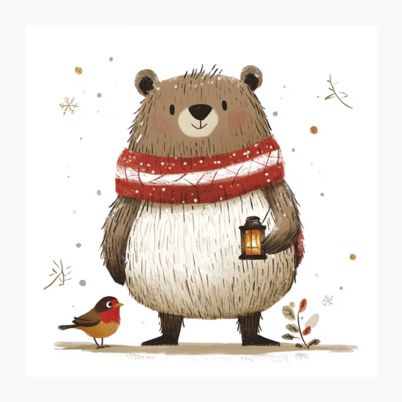 Cozy Winter Bear with Robin and Lantern Illustration Pin