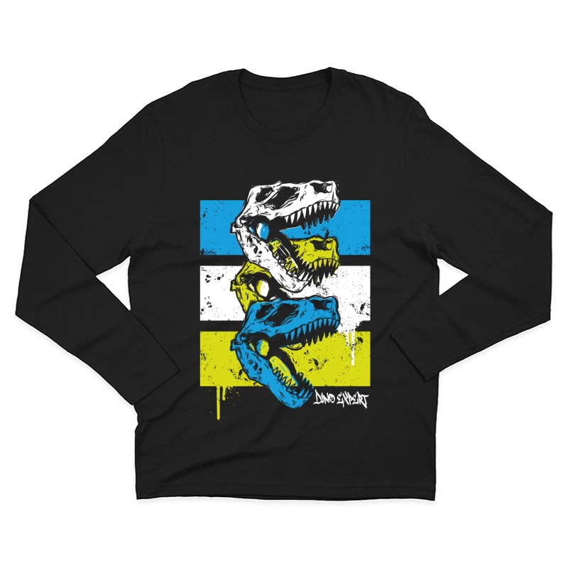 Layered T-Rex Skulls: Grunge Street Art Aesthetic Male Long Sleeve T-Shirt