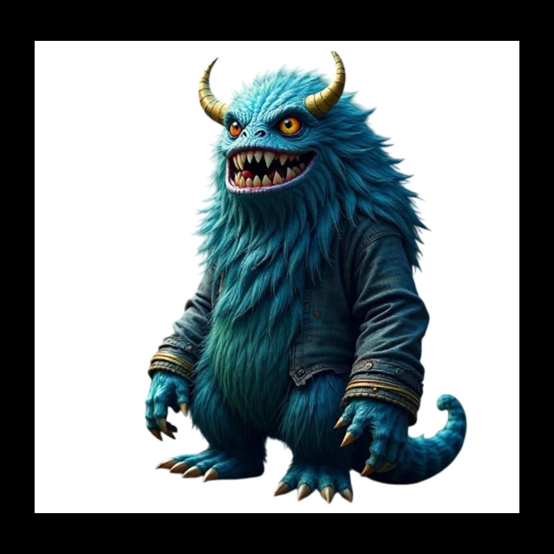 Furry Blue Monster in Denim Jacket with Golden Horns Throw Pillow