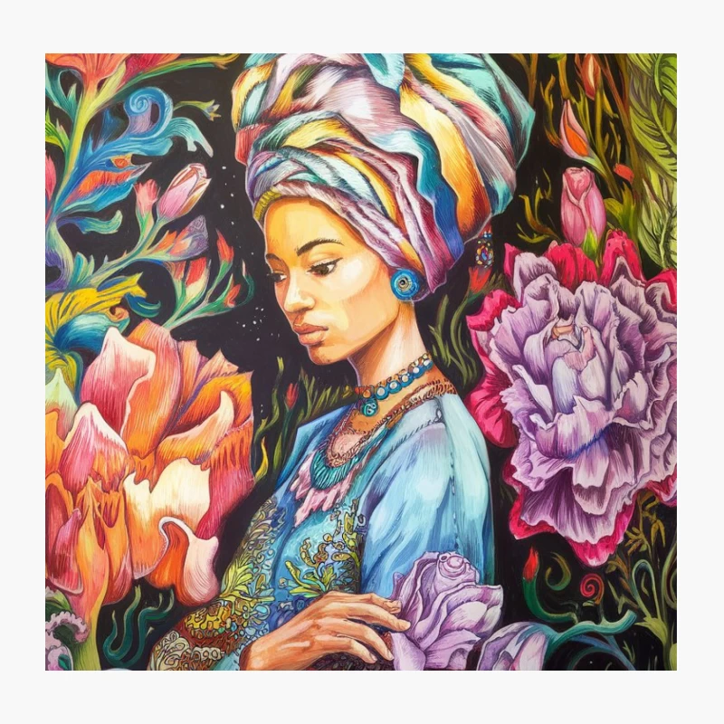 Vibrant Portrait of Woman Amidst Floral Fantasy Throw Pillow