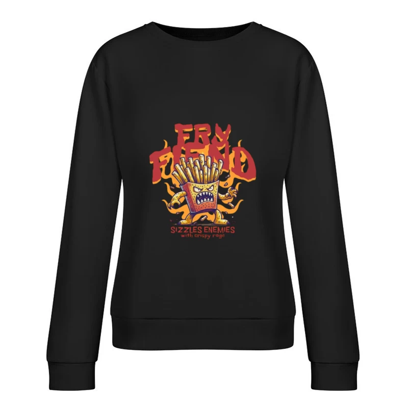 Angry French Fries Monster Character with Flames Illustration Female Pullover Sweatshirt