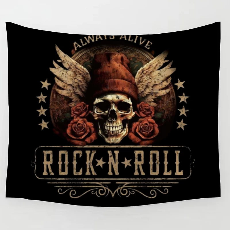 Rock and Roll Skull with Wings and Roses Tapestry
