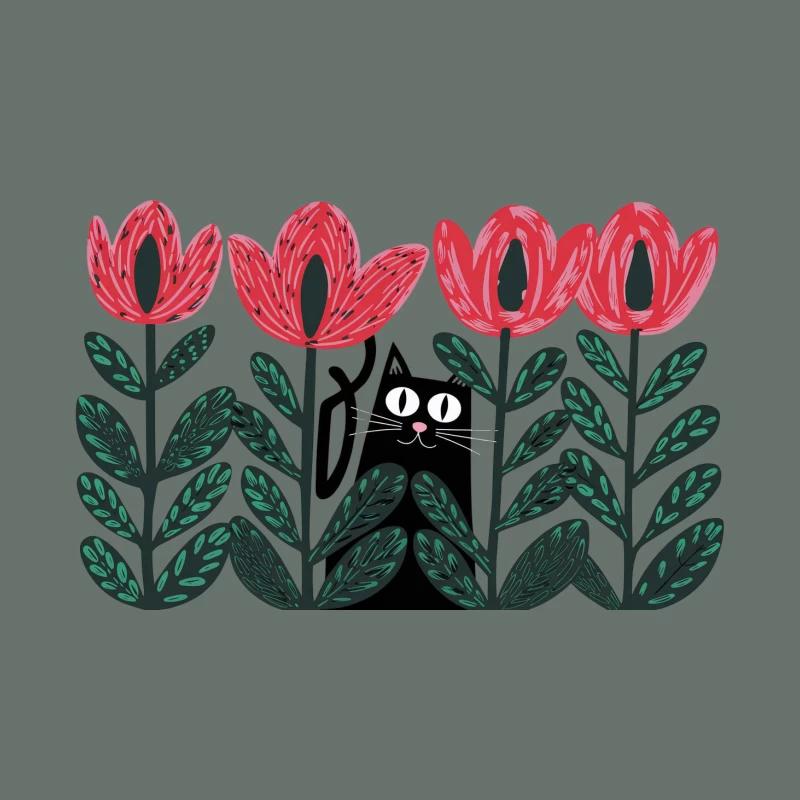 Whimsical Illustration of Cat Hiding Among Tulips Baseball Cap